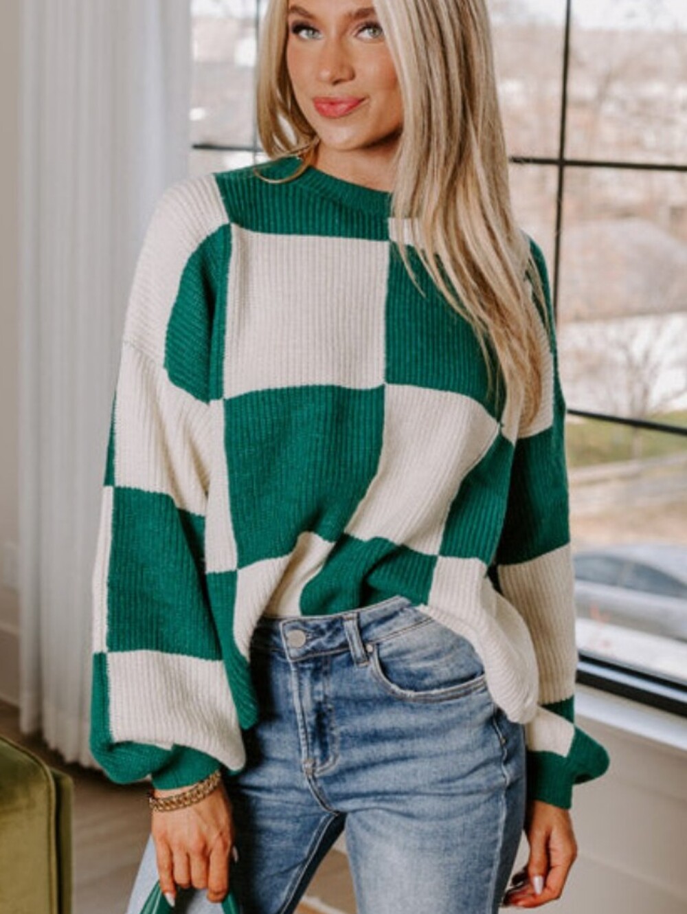 Checkerboard Ribbed Crewneck Sweater in Green and Cream